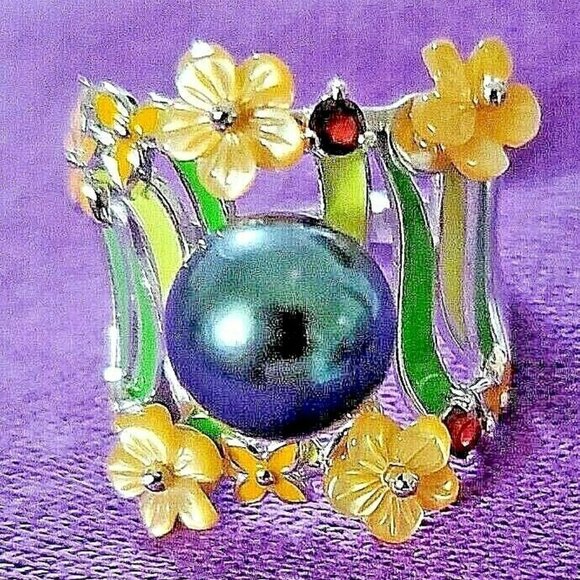 Genuine 10mm Tahitian Black Pearl, Garnet, Mother of Pearl Enamel Cockta… - Picture 5 of 8
